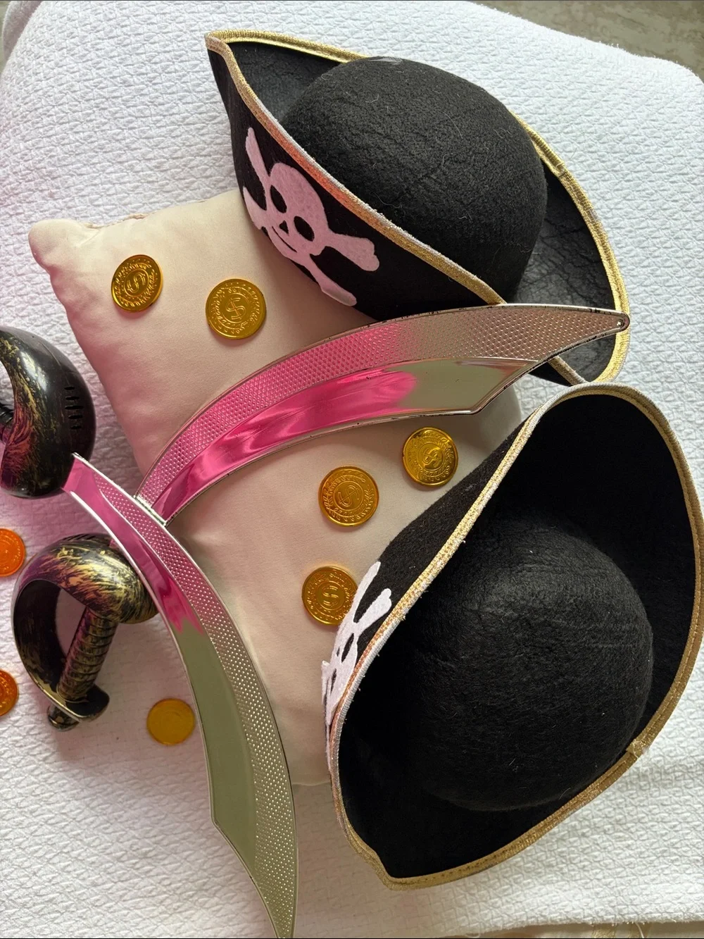 TWO Kids Pirate Hats and TWO Sword Halloween costume Set - with COINS!